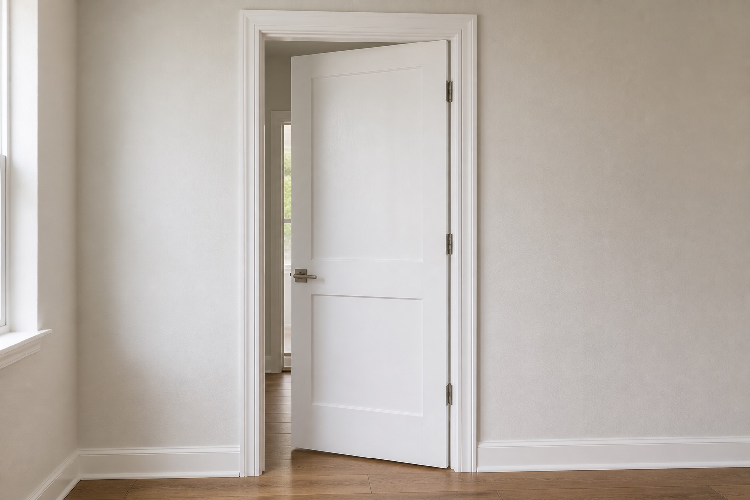 Illustrative example of a correctly installed interior room door with finished jamb, casing and three hinges