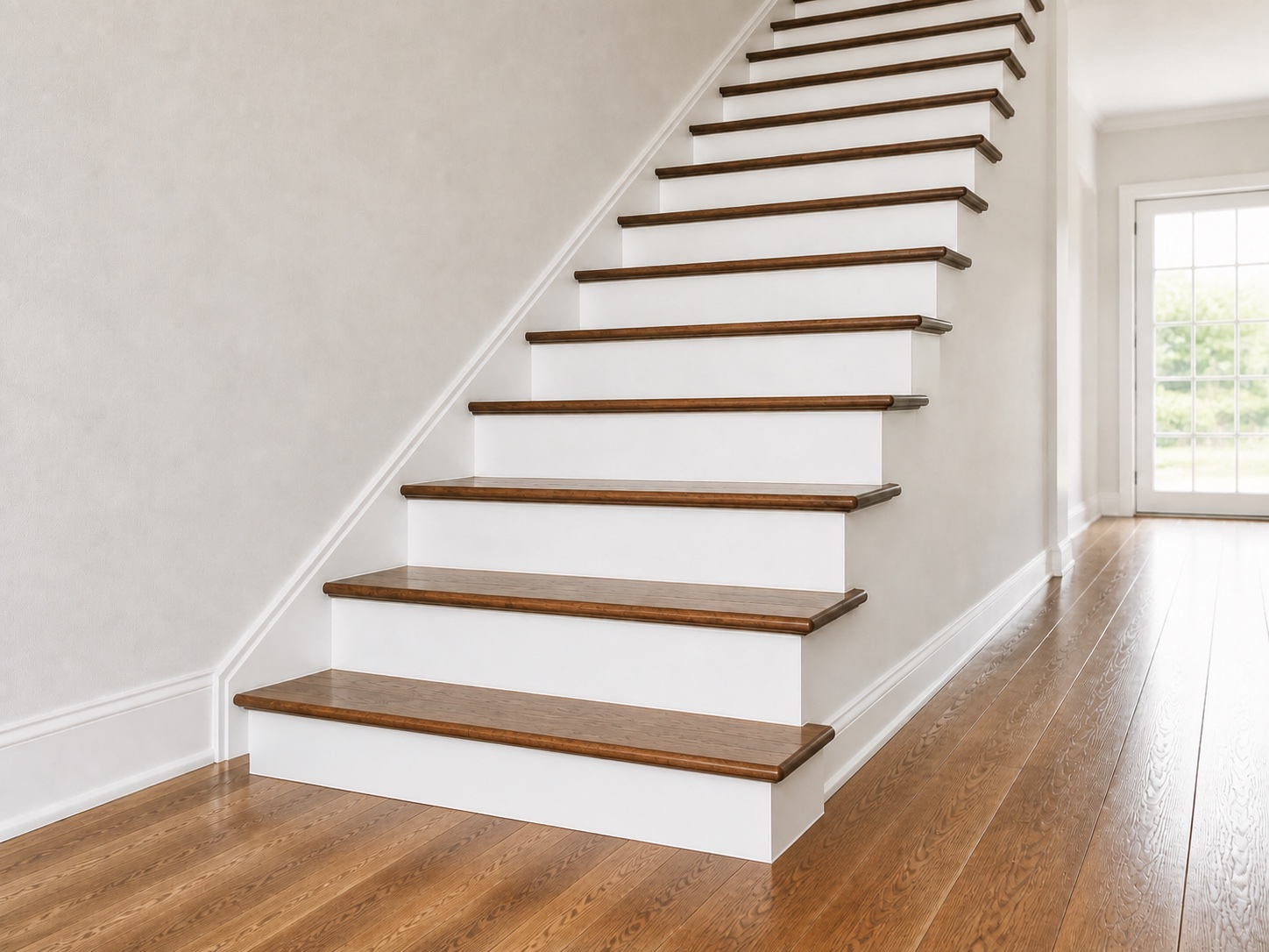 Open staircase clearly showing stained wood treads and white risers